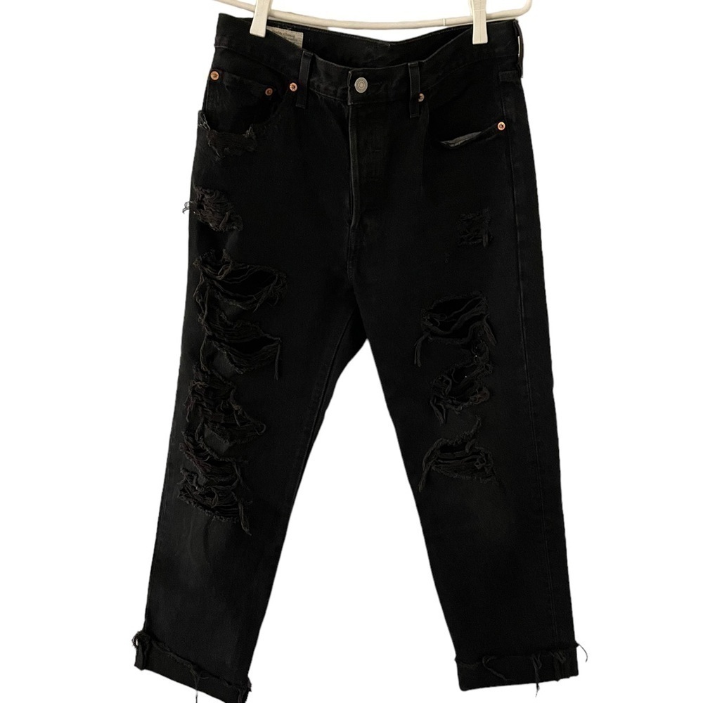 Levi’s 501 Original Cropped Jeans Distressed Black Mark 29 - Picture 5 of 13